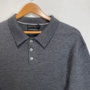 STRUCTURE Mens Dark Gray Long Sleeve Merino Wool Polo Shirt XL